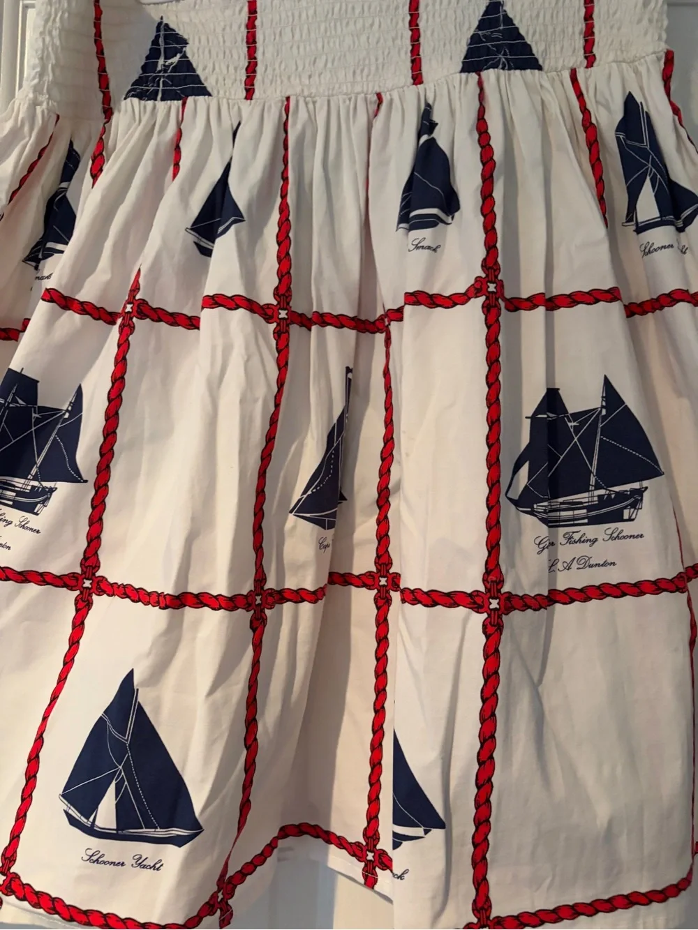 Tory Burch White Smocked Skirt with Navy Sailboat Print and Red Trim 10 M
